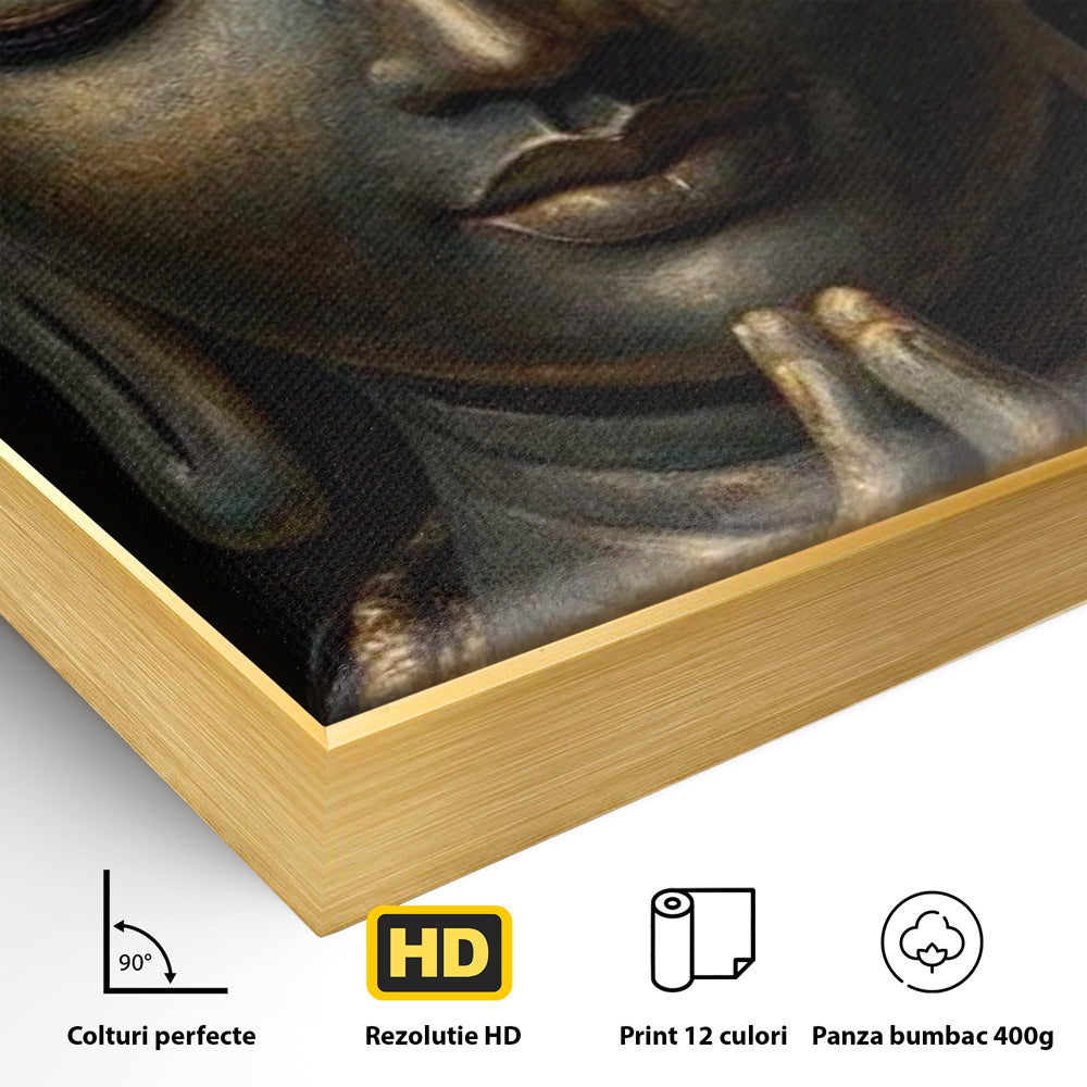 Detaliu al suprafetei: tablou canvas cu buddha in rugaciune, in rama de aluminiu auriu